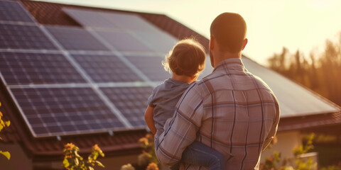 dad holding a young little son standing looking at solar panels installed on the roof of their house. Rear view of Happy family on background of solar panels.