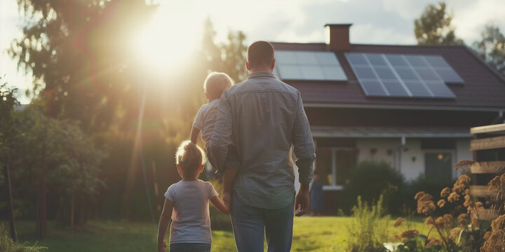 dad holding a young little son standing looking at solar panels installed on the roof of their house. Rear view of Happy family on background of solar panels.