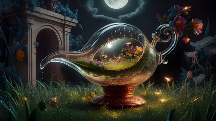 A large silver urn with flowers on the bottom and a moon in the background.