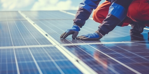 assembly of a photovoltaic system. Professional technician engineer mounting installing, fix and maintenance solar panel system on rooftop