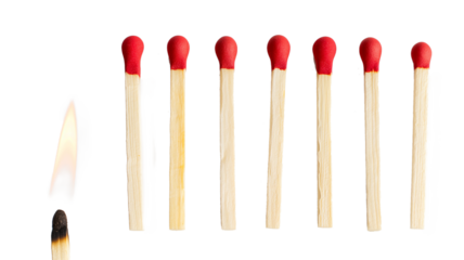 Lit match next to a row of unlit matches isolated on a transparent background