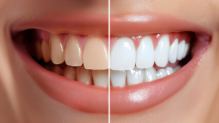 歯のホワイトニング治療の前後の結果を示す拡大分割画像。 左側は汚れた黄色の歯、右側は明るい白い歯