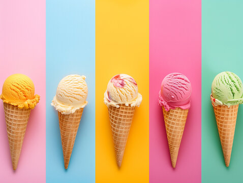 Erfrischendes Eis auf bunten Hintergrund. Eiscreme frisch und lecker.