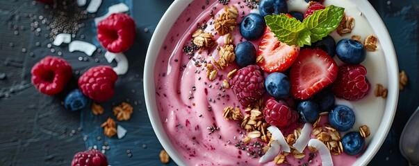 A smoothie bowl topped with granola, chia seeds, fresh berries, and coconut flakes