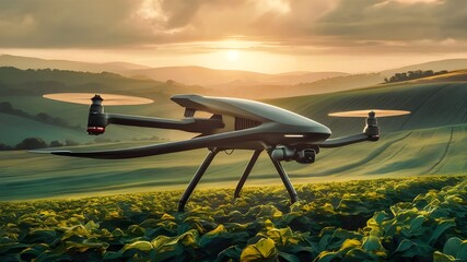 A drone with a sunset in the background. - Powered by Adobe