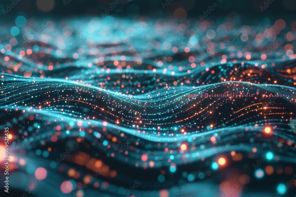 Poster Data flow concept background, Network security, Wave of dots, and weave lines. Abstract Background for design on the topic of cyberspace, AI generated