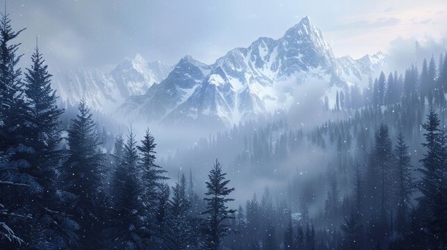 Winter mountains covered in snowy forest