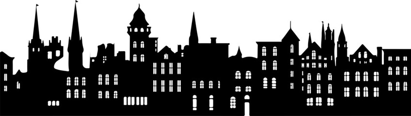 A city skyline with tall buildings and a church. Monochrome isolated vector cityscape