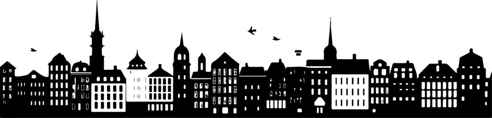 Obraz premium A city skyline with tall buildings and a church. Monochrome isolated vector cityscape