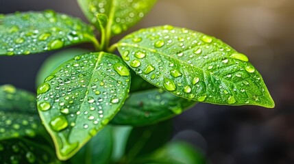 Macro shot of raindrops on green leaves on a rainy day with ultra realistic detail