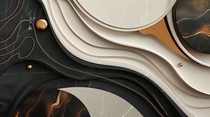 Abstract black and gold marble background with golden lines