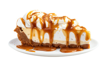 Decadent and delicious, this cheesecake is made with a graham cracker crust, a creamy cheesecake filling, and a rich caramel topping, transparent background
