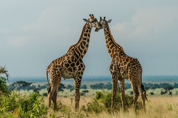 Obraz premium Two majestic giraffes standing close in a wild savanna landscape. Natural beauty captured. Wildlife serenity. Tranquil safari scene. Generative AI