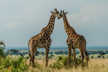 Two majestic giraffes standing close in a wild savanna landscape. Natural beauty captured. Wildlife serenity. Tranquil safari scene. Generative AI
