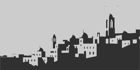Fototapeta premium A city skyline with tall buildings and a church. Monochrome isolated vector cityscape