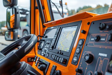 Close-up view inside a modern construction vehicle cabin. Orange interior with advanced equipment. Focus on GPS screen. Professional machinery control. Generative AI