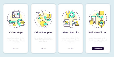 Crime prevention tools onboarding mobile app screen. Walkthrough 4 steps editable graphic instructions with linear concepts. UI, UX, GUI template. Montserrat SemiBold, Regular fonts used