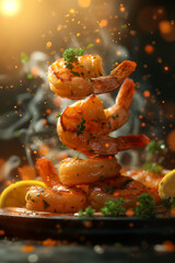 A plate of shrimp is piled high with lemon slices and parsley