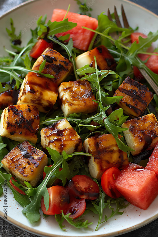 Wall mural a bowl of grilled halloumi and watermelon salad with arugula - Wall murals