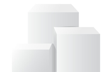 3 square white pedestal podiums with layer and close up on transparent background