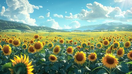 Fototapeta premium Sunflower field stretching into the distance against a natural backdrop