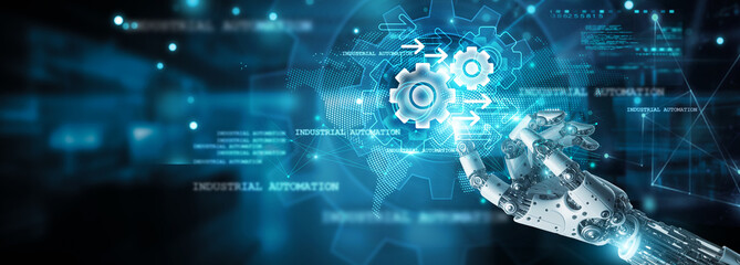 Automation, Hands of robot touch efficiency and Automation icon, streamlining processes on network, innovation, optimization, scalability, automation and transformation, advancing industries.