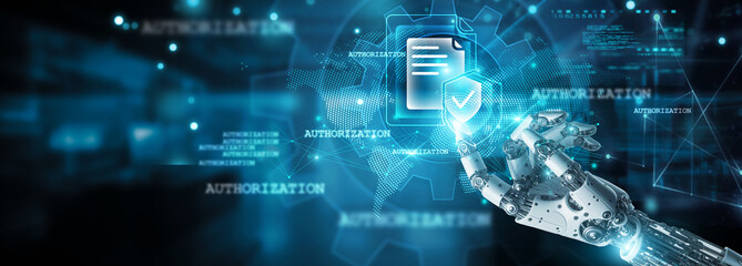 Authorization process, Hands of robot touch user's device and authentication icon, validation on network, security, access, authentication, verification, and permission, denying authorization rights.