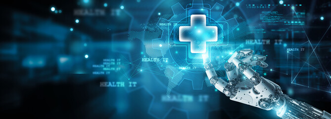 Health it, Hands of robot touch medical devices and health icon, data on network, analysis, monitoring, treatment, prevention, and rehabilitation, improving and sustaining health.