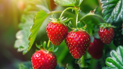Strawberry plant with ripening berries growing in the garden