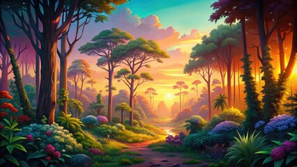 Fantasy landscape with trees and bushes in the forest at sunset.