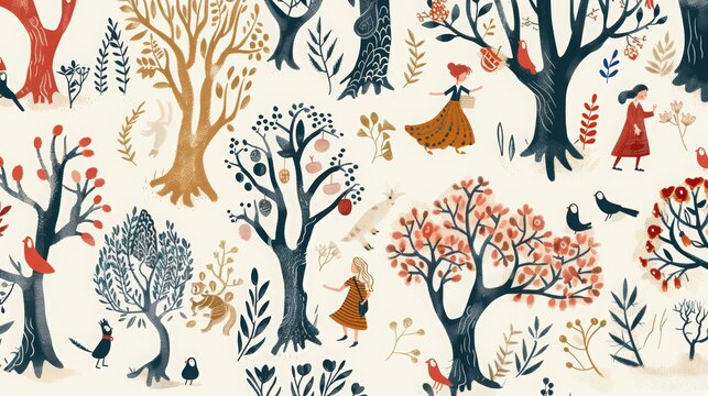 folke tale pattern of tales on a white background, 16:9