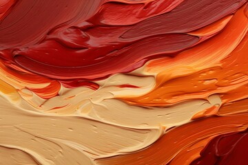 立体的な油絵・抽象背景バナー）ダークレッド・オレンジ・クリームイエローのカーブ