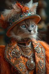 The Profile of A Cat Dressed in Extravagant, Overly Ornate Attire Against A Single-Color Background
