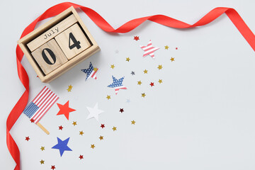 Calendar with date 4 JULY, USA flags and stars on grey background. American Independence Day...