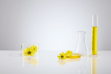 Advertising photo with lab glassware filled by yellow essence and fresh calendula featured on white...