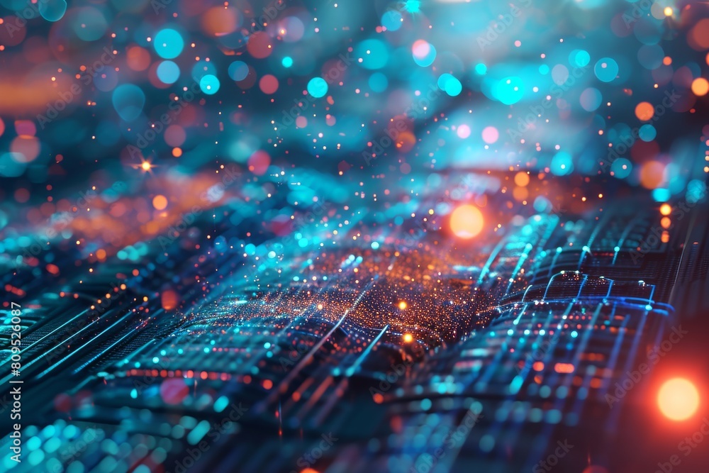 Poster Data flow concept background, Network security, Wave of dots, and weave lines. Abstract Background for design on the topic of cyberspace, AI generated