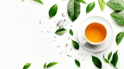 White background with tea leaves and a cup of tea on the right side. Cup of Tea and Coffee with...