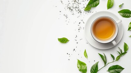 White background with green tea leaves and a cup of tea. Cup of Tea and Coffee with Mint on Saucer Cup of tea and tea leaves border isolated on white background banner panorama, top view, flat lay