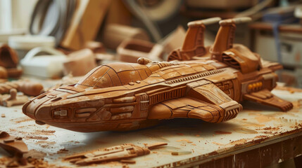 A large, wooden model of a spaceship is sitting on a table