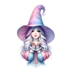 A beautiful sorceress with long white hair and blue eyes. She is wearing a pink and blue pointed hat and a matching dress.