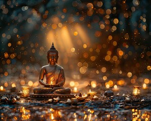Buddha statue with candle light and bokeh background. The concept of celebrating Vesak