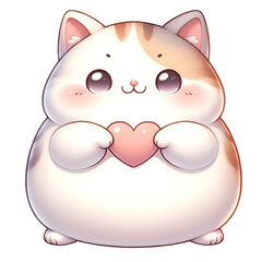 A cute, round cat is holding a pink heart. The cat has big, round eyes and a small, pink nose. It is white with light brown ears and paws.