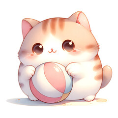 A cute cartoon cat is sitting on the beach and holding a beach ball. The cat has big eyes and a pink nose. It is smiling and looks happy. The background is a gradient of light blue and pink.