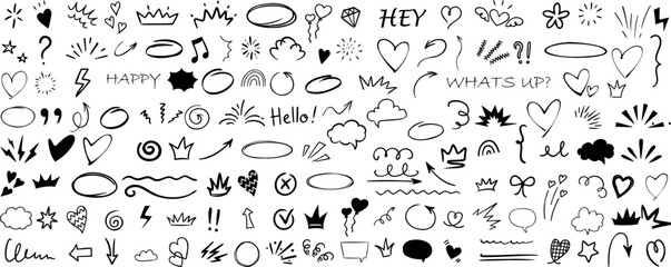 Doodle art vector illustration featuring words, shapes, symbols. Perfect for backgrounds, wallpapers, and creative projects. Playful, artistic, hand drawn aesthetic