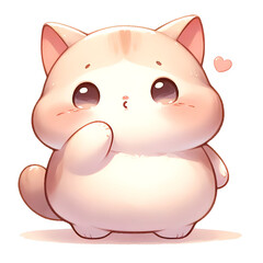 A cute cartoon cat with big eyes and a pink nose is sitting on the ground and looking up at the viewer. The cat has a light peach-colored body and dark peach-colored ears and paws.