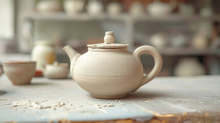 A white ceramic teapot sits on a table with other ceramic items