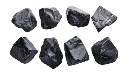 Fototapeta premium set of black stones isolated on transparent background, black stone cut out 