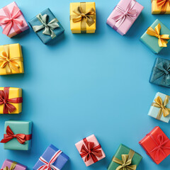 card with random colors gift boxes on background arranged in a flat lay top view and text space