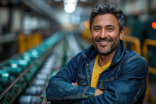 A smiling middle-aged Hispanic man in casual is standing at the end of an assembly line with his arms crossed and looking directly into the camera.  Created with AI