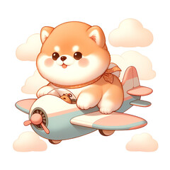 A cute cartoon Shiba Inu dog wearing a scarf is flying a small airplane. The airplane is pink and blue with a propeller. The dog is smiling and looks happy. There are clouds around the airplane.